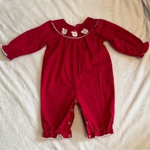 Red Baby Girl Christmas Romper with Santa Embroidery